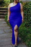 Blue Fashion Sexy Solid Patchwork Backless Slit One Shoulder Sleeveless Dress Dresses