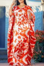 Tangerine Red Fashion Casual Print Patchwork V Neck Long Dress