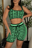 Green Fashion Casual Print Basic U Neck Sleeveless Two Pieces