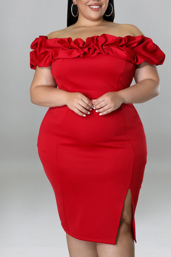 Red Sexy Solid Patchwork Slit Fold Off the Shoulder One Step Skirt Plus Size Dresses