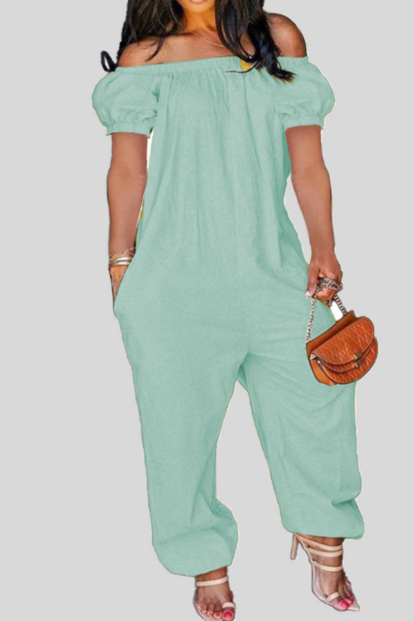 Baby Blue Casual Solid Patchwork Off the Shoulder Loose Jumpsuits