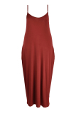 Burgundy Sexy Casual Plus Size Solid Backless Spaghetti Strap Long Dress