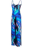Blue Sexy Print Hollowed Out Patchwork Spaghetti Strap Straight Jumpsuits