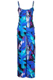 Blue Sexy Print Hollowed Out Patchwork Spaghetti Strap Straight Jumpsuits