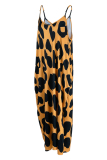 Orange Fashion Sexy Casual Print Leopard Backless Spaghetti Strap Long Dress