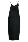 Black Sexy Casual Plus Size Solid Backless Spaghetti Strap Long Dress