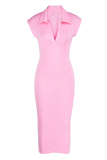 Pink Fashion Casual Solid Basic V Neck Sleeveless Dress