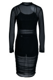 Black Sexy Solid Patchwork See-through Fold O Neck Long Sleeve Three Pieces