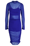 Blue Sexy Solid Patchwork See-through Fold O Neck Long Sleeve Three Pieces