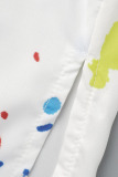 White Casual Print Patchwork Slit Turndown Collar Tops