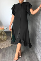 Black Casual Solid Patchwork Buckle O Neck Dresses