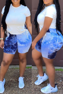 Blue Fashion Casual Print Bandage Patchwork O Neck Short Sleeve Two Pieces