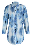 The cowboy blue Casual Print Patchwork Slit Turndown Collar Tops