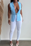Light Blue Fashion Sexy Solid Patchwork Turndown Collar Tops