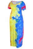 Fuchsia Casual Print Tie Dye Patchwork V Neck Straight Plus Size Dresses