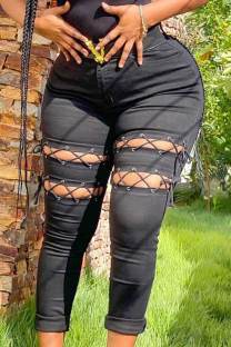 Black Casual Street Bandage Hollowed Out Patchwork High Waist Denim Jeans