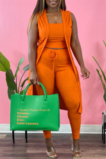 Orange Sexy Casual Solid Cardigan Vests Pants Sleeveless Three-piece Set