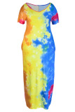 Fuchsia Casual Print Tie Dye Patchwork V Neck Straight Plus Size Dresses