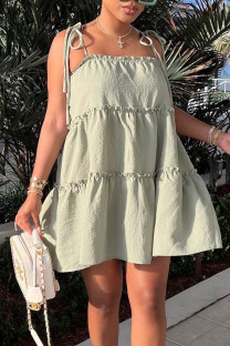 Light Green Sweet Solid Patchwork Fold Stringy Selvedge Spaghetti Strap A Line Dresses