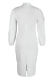 White Fashion Casual Solid Hollowed Out O Neck Long Sleeve Dresses