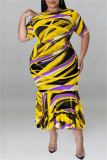 Purple Fashion Casual Print Patchwork O Neck Short Sleeve Dress Plus Size Dresses