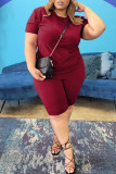 Rose Red Casual Solid Patchwork O Neck Plus Size Two Pieces