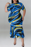 Yellow Fashion Casual Print Patchwork O Neck Short Sleeve Dress Plus Size Dresses