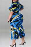 Blue Fashion Casual Print Patchwork O Neck Short Sleeve Dress Plus Size Dresses