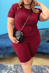 Burgundy Casual Solid Patchwork O Neck Plus Size Two Pieces