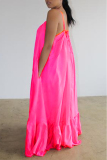 Fluorescent Pink Sexy Casual Solid Backless Spaghetti Strap Loose Sling Dress