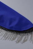 Blue Fashion Casual Solid Tassel Patchwork Slit O Neck Pencil Skirt Dresses