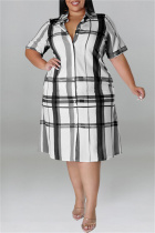 Black Fashion Casual Plus Size Plaid Print Patchwork Turndown Collar Shirt Dress