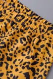 Yellow Casual Print Leopard Patchwork Slit V Neck Plus Size Two Pieces