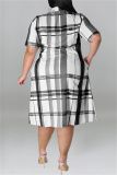 Black Fashion Casual Plus Size Plaid Print Patchwork Turndown Collar Shirt Dress