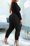 Black Casual Solid Bandage Patchwork V Neck Plus Size Two Pieces