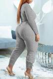 Grey Casual Solid Bandage Patchwork V Neck Plus Size Two Pieces
