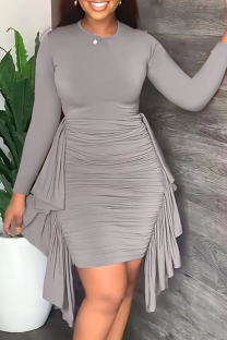 Grey Fashion Solid Flounce O Neck Pencil Skirt Dresses
