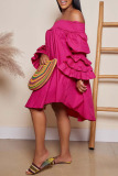 Pink Casual Sweet Solid Patchwork Flounce Fold Off the Shoulder Princess Dresses
