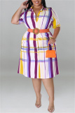 Purple Fashion Casual Plus Size Plaid Print Patchwork Turndown Collar Shirt Dress