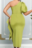 Fruit Green Celebrities Elegant Solid Patchwork Flounce Asymmetrical Oblique Collar Evening Dress Dresses