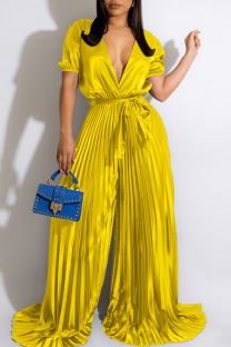 Yellow Sexy Solid Patchwork Fold V Neck Straight Jumpsuits