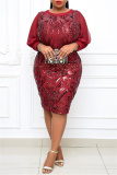 Burgundy Fashion Casual Patchwork Sequins O Neck Long Sleeve Plus Size Dresses