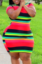 Multicolor Fashion Casual Striped Print Patchwork O Neck Short Sleeve Dress Plus Size Dresses