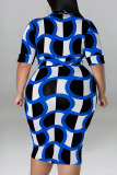 Blue Casual Print Patchwork V Neck One Step Skirt Plus Size Dresses