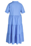 Light Blue Casual Solid Patchwork Fold Turndown Collar Straight Plus Size Dresses