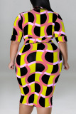 Yellow Casual Print Patchwork V Neck One Step Skirt Plus Size Dresses