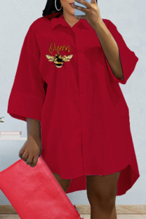 Red Fashion Casual Print Patchwork Turndown Collar Shirt Dress