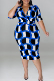 Yellow Casual Print Patchwork V Neck One Step Skirt Plus Size Dresses
