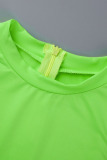 Fluorescent Green Sexy Sportswear Solid Patchwork Asymmetrical O Neck Skinny Rompers