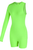 Fluorescent Green Sexy Sportswear Solid Patchwork Asymmetrical O Neck Skinny Rompers